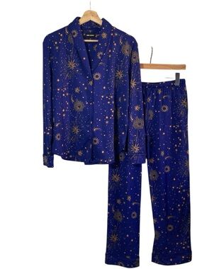 Room Service Celestial Starburst Shawl Collar Navy Blue Pajama Set